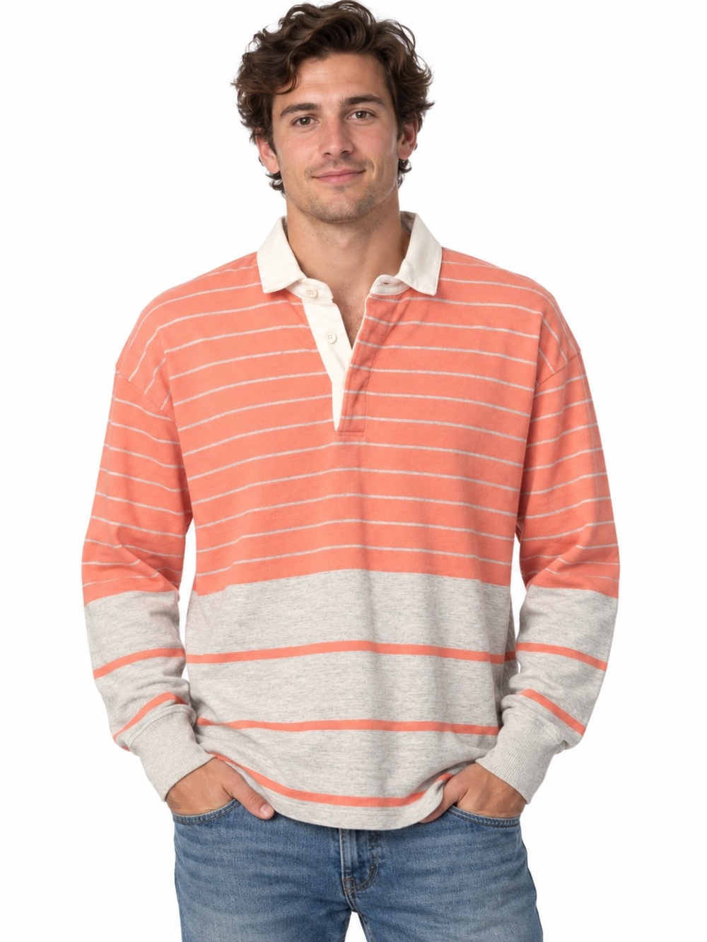 Vintage L.L.Bean Rugby Shirt Men’s Medium Coral Gray Striped Preppy